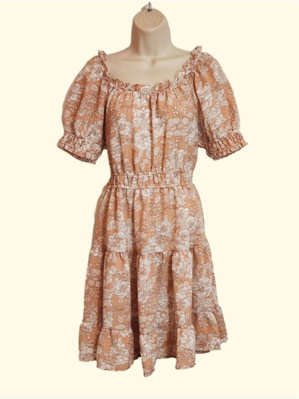 Blu Pepper Mini Dress Peach White Floral Puff Sleeve Medium